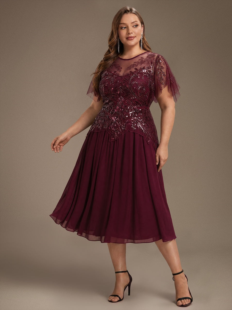 Ruffle See-Through Ruffle Sleeve Wedding Guest Dress #color_Burgundy