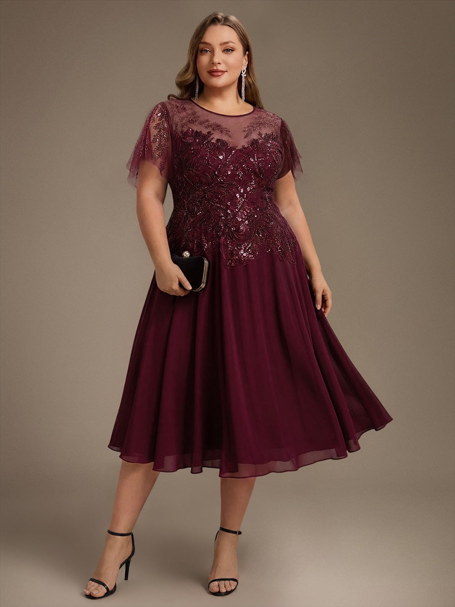 Plus Size Ruffle Tulle Wedding Guest Dress #color_Burgundy