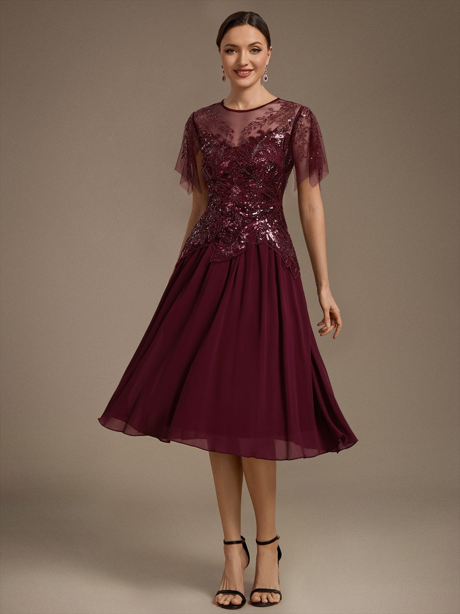 Ruffle See-Through Ruffle Sleeve Wedding Guest Dress #color_Burgundy