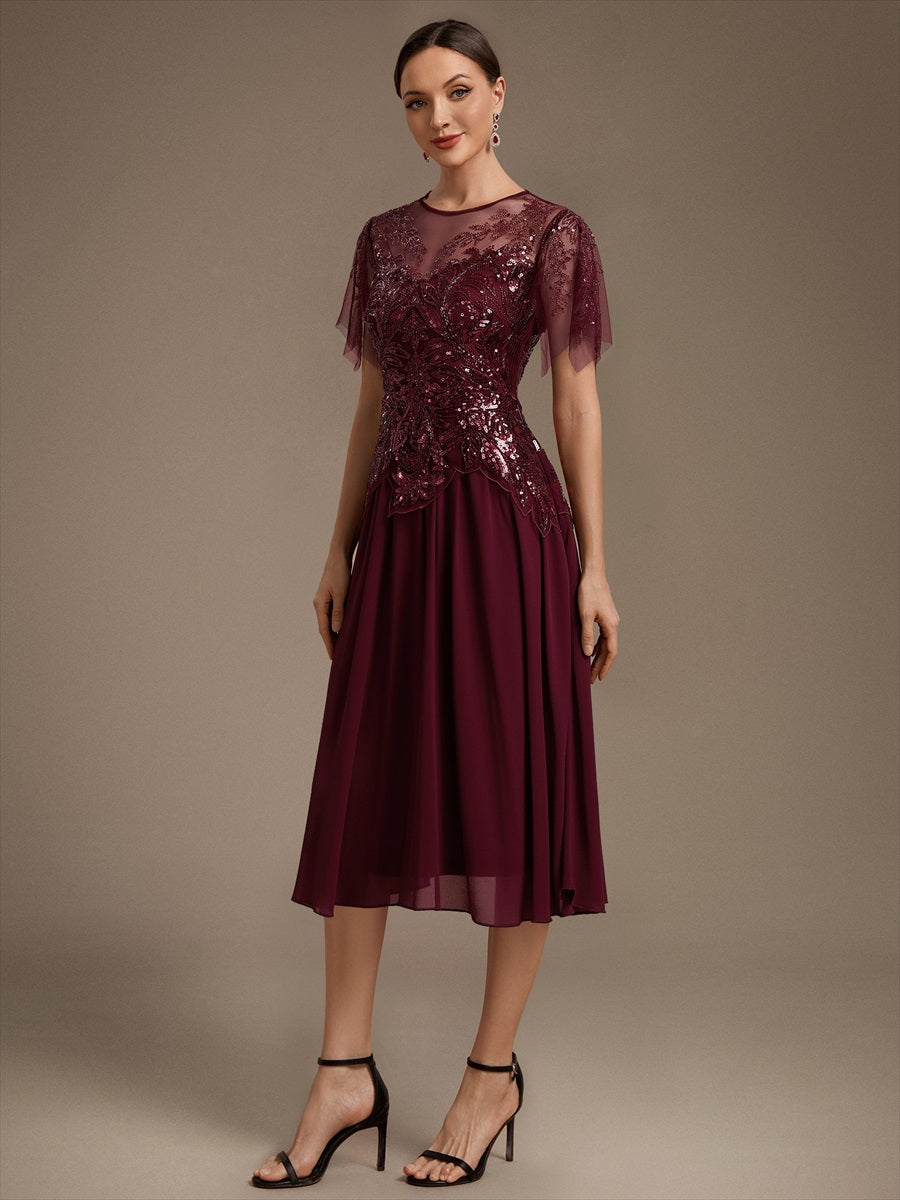 Ruffle See-Through Ruffle Sleeve Wedding Guest Dress #color_Burgundy