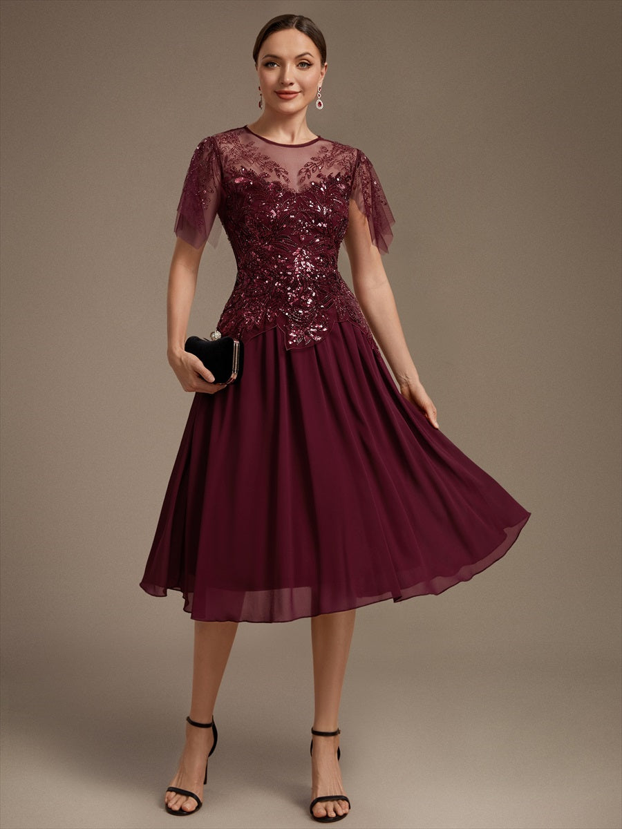 Ruffle See-Through Ruffle Sleeve Wedding Guest Dress #color_Burgundy