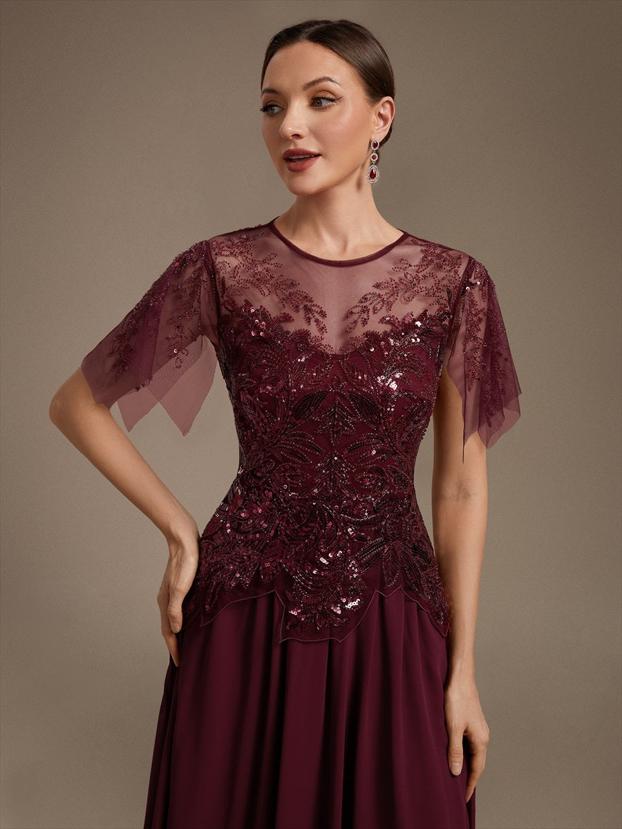 Ruffle See-Through Ruffle Sleeve Wedding Guest Dress #color_Burgundy