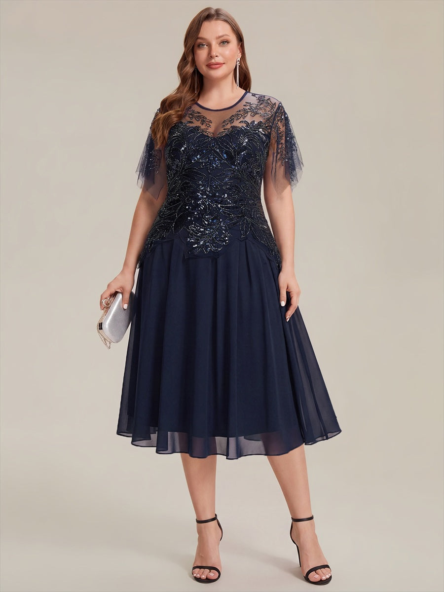 Ruffle See-Through Ruffle Sleeve Wedding Guest Dress #color_Navy Blue