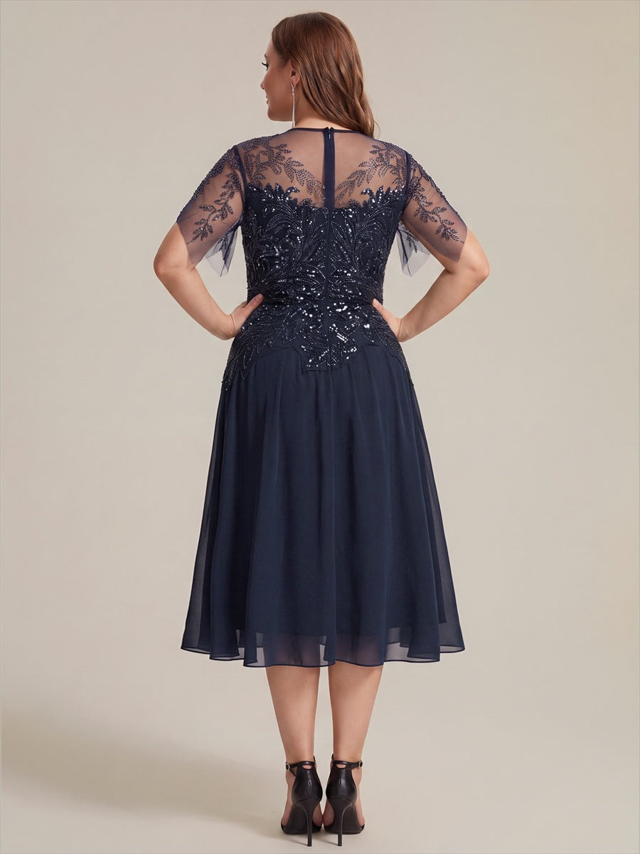 Ruffle See-Through Ruffle Sleeve Wedding Guest Dress #color_Navy Blue