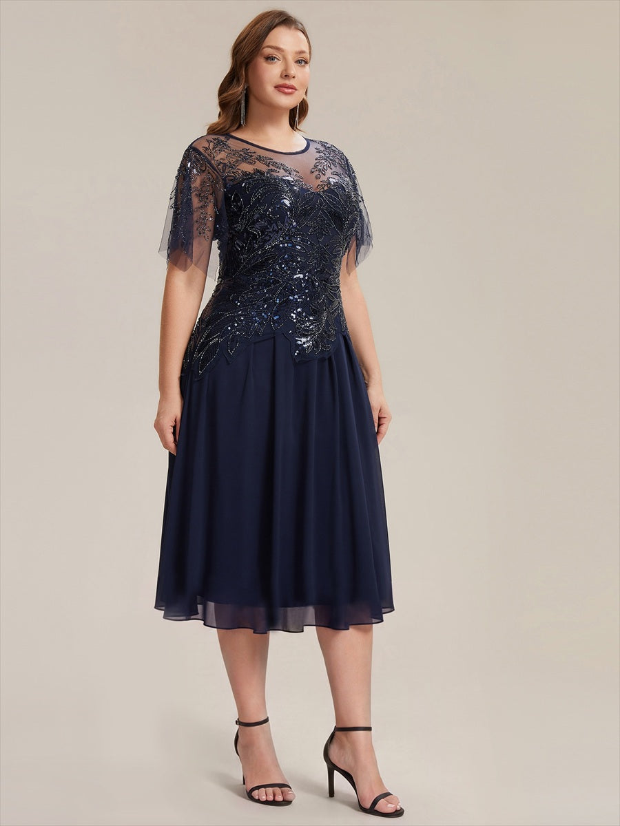 Ruffle See-Through Ruffle Sleeve Wedding Guest Dress #color_Navy Blue