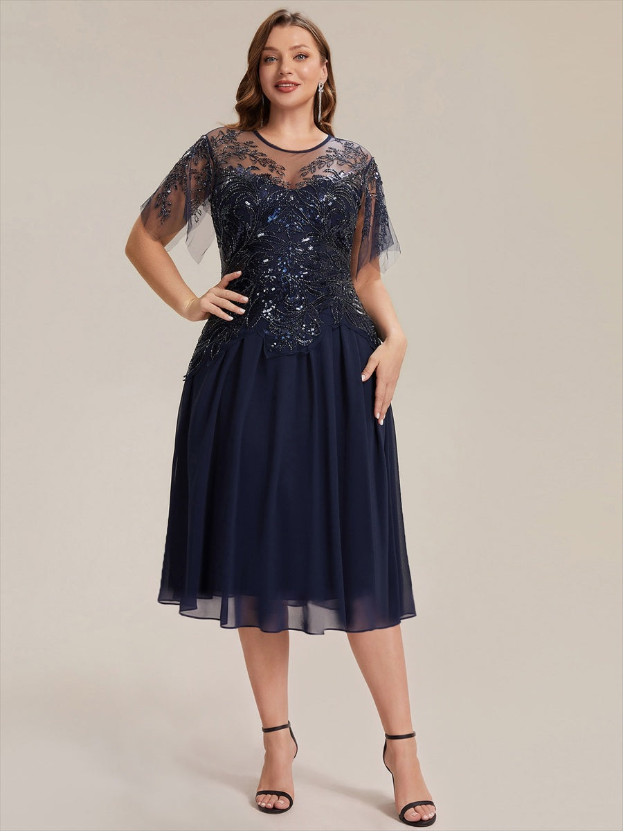 Ruffle See-Through Ruffle Sleeve Wedding Guest Dress #color_Navy Blue