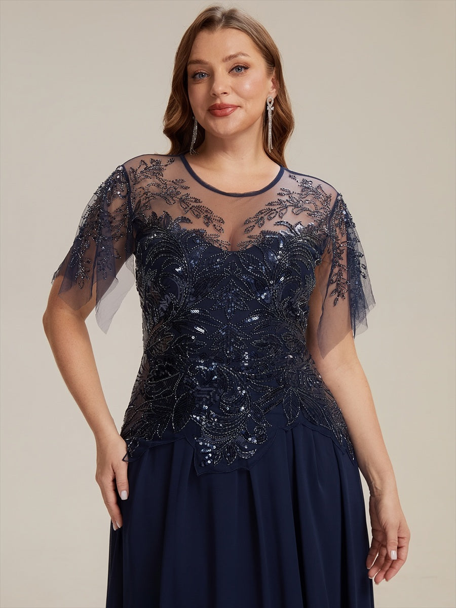 Ruffle See-Through Ruffle Sleeve Wedding Guest Dress #color_Navy Blue