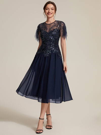 Ruffle See-Through Ruffle Sleeve Wedding Guest Dress