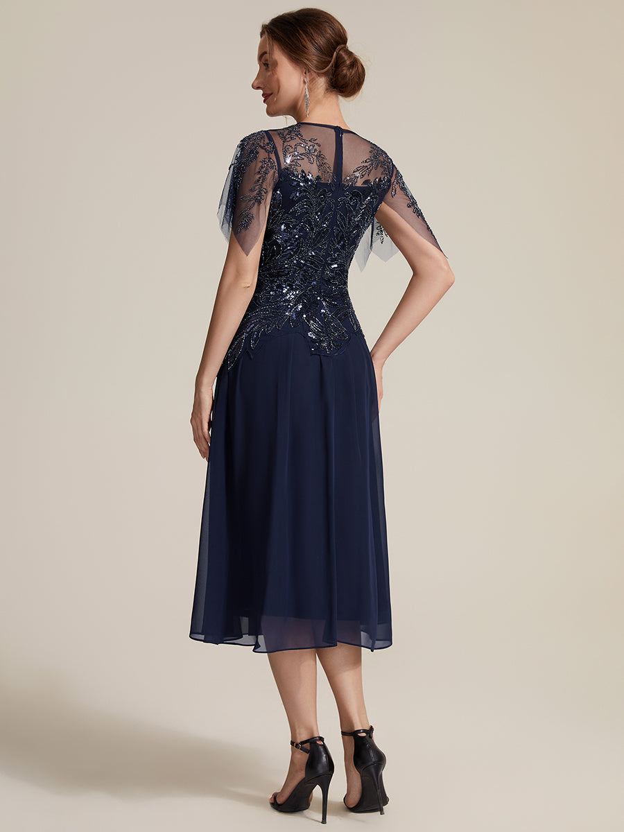 Ruffle See-Through Ruffle Sleeve Wedding Guest Dress #color_Navy Blue