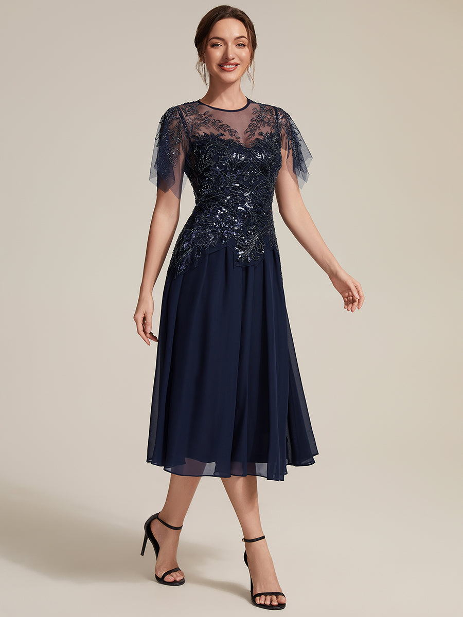 Ruffle See-Through Ruffle Sleeve Wedding Guest Dress #color_Navy Blue