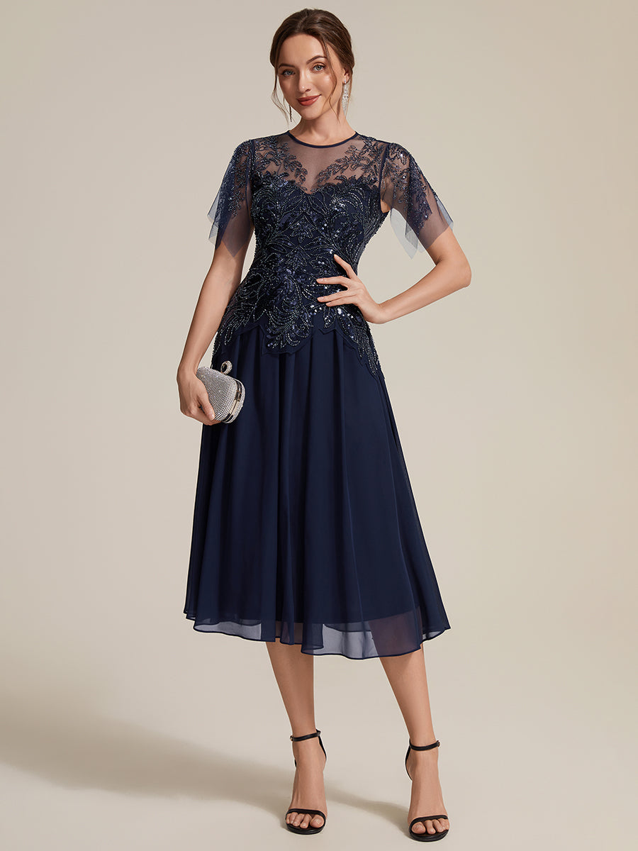 Ruffle See-Through Ruffle Sleeve Wedding Guest Dress #color_Navy Blue