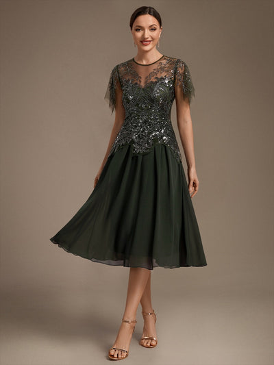 Ruffle See-Through Ruffle Sleeve Wedding Guest Dress