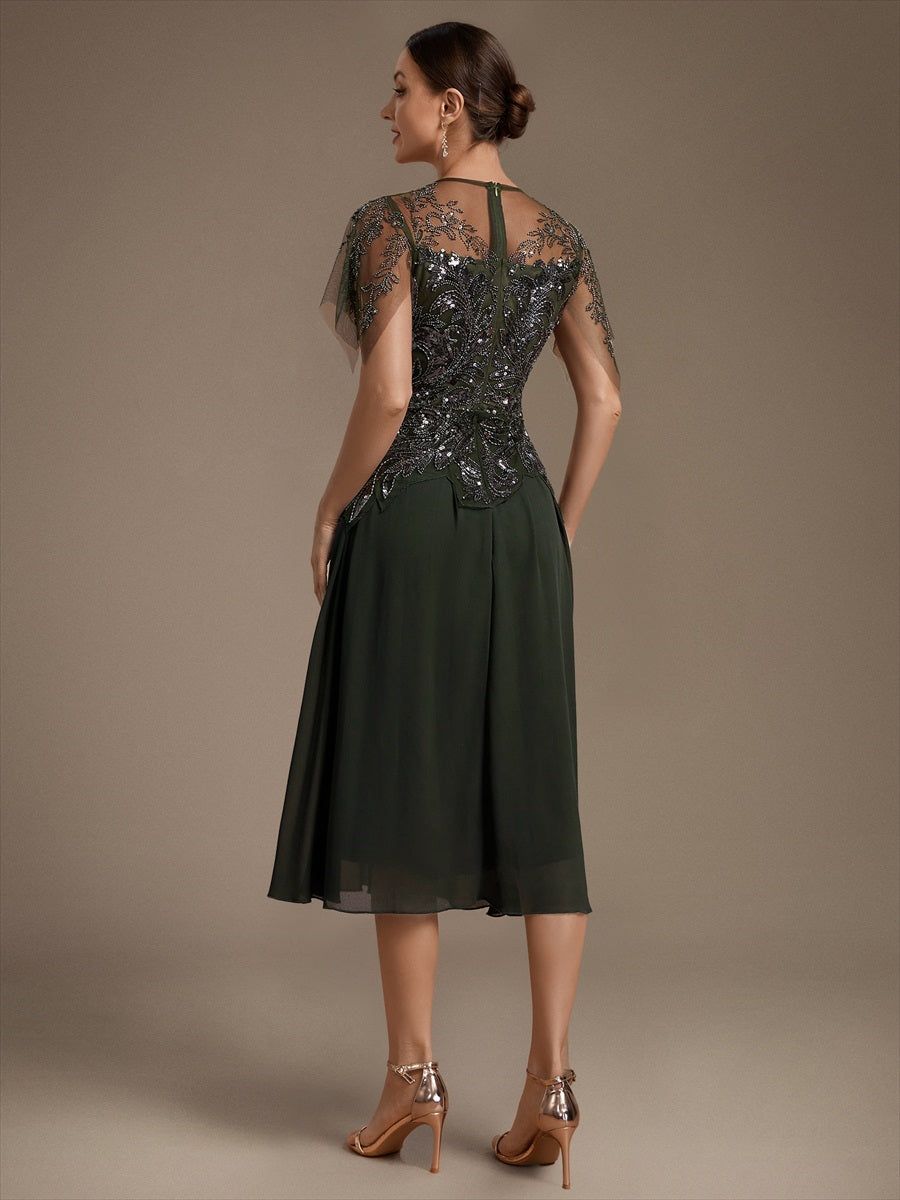 Ruffle See-Through Ruffle Sleeve Wedding Guest Dress #color_Olive Green