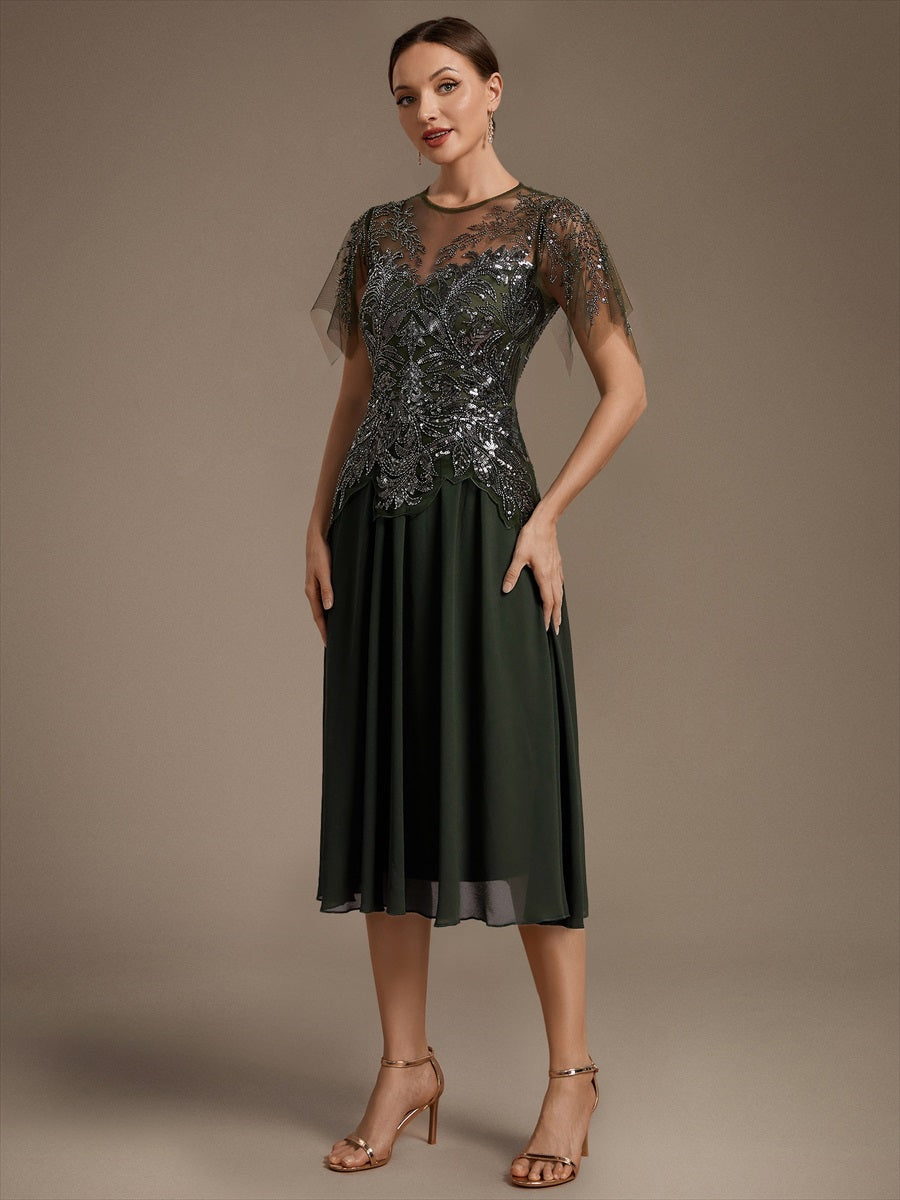 Ruffle See-Through Ruffle Sleeve Wedding Guest Dress #color_Olive Green