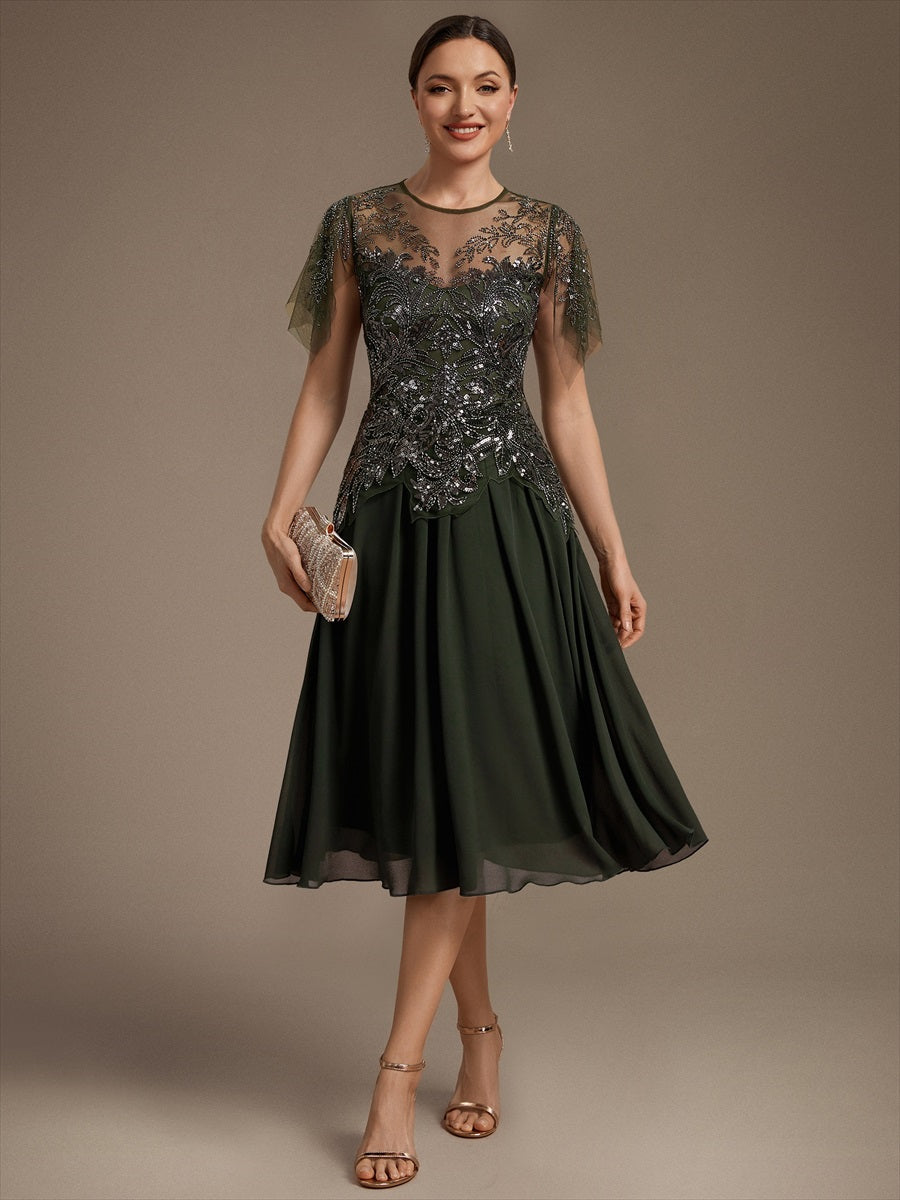 Ruffle See-Through Ruffle Sleeve Wedding Guest Dress #color_Olive Green