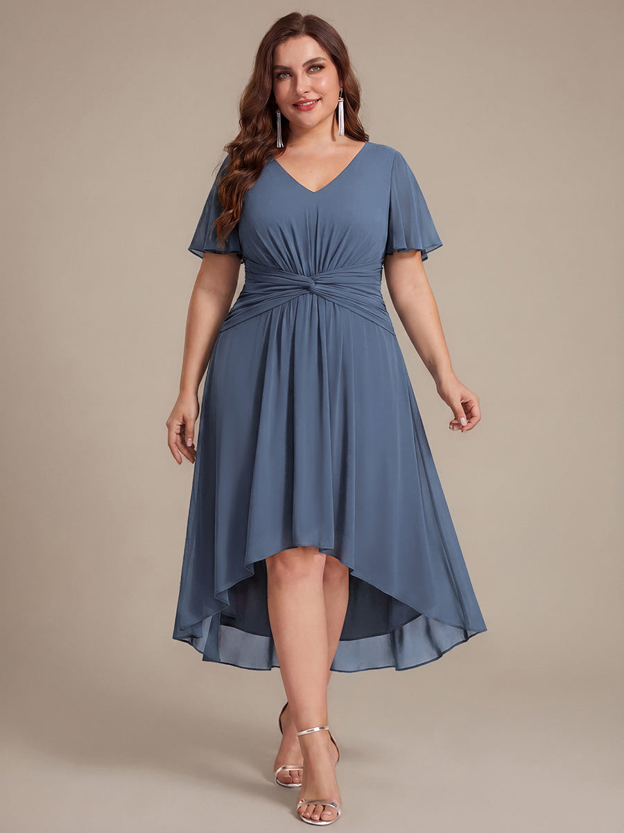 Knot Detail Chiffon Ruffle Sleeve Wedding Guest Dress #color_Dusty Blue