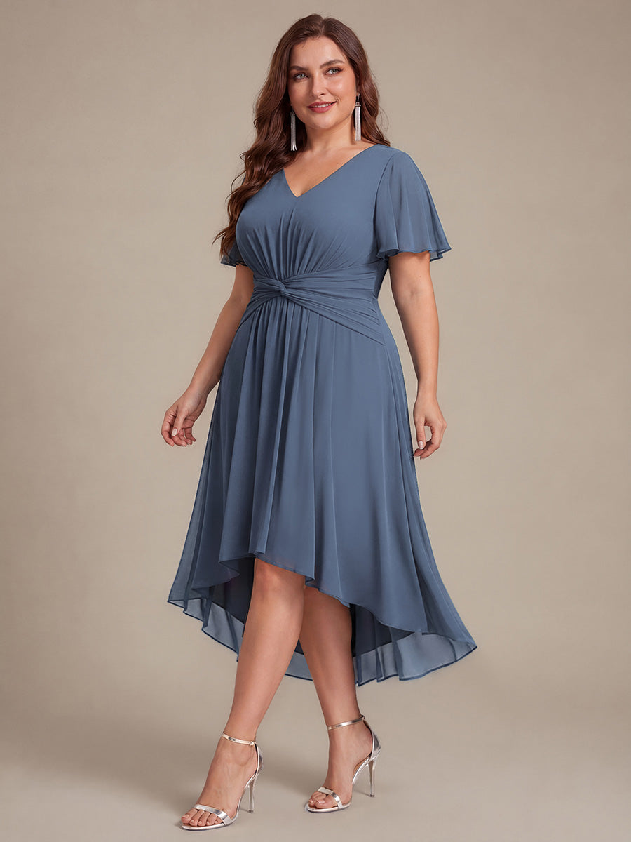 Plus Size Chiffon Ruffle Sleeve High Low Wedding Guest Dress #color_Dusty Blue
