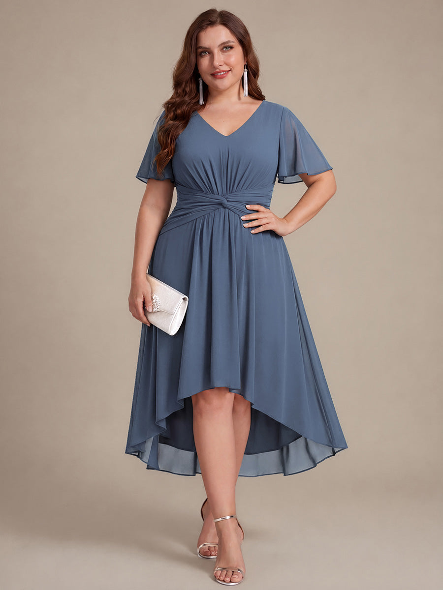 Plus Size Chiffon Ruffle Sleeve High Low Wedding Guest Dress #color_Dusty Blue