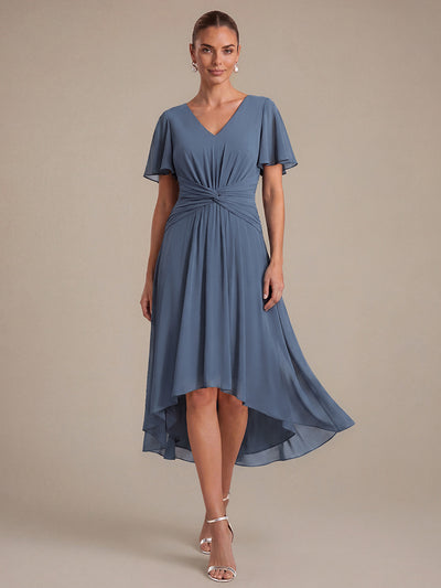 Knot Detail Chiffon Ruffle Sleeve Wedding Guest Dress