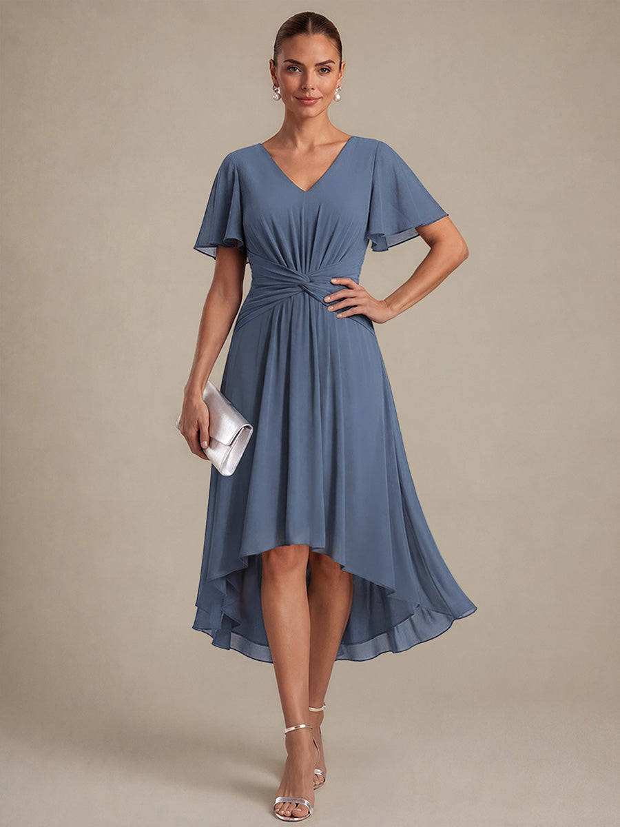 Knot Detail Chiffon Ruffle Sleeve Wedding Guest Dress #color_Dusty Blue