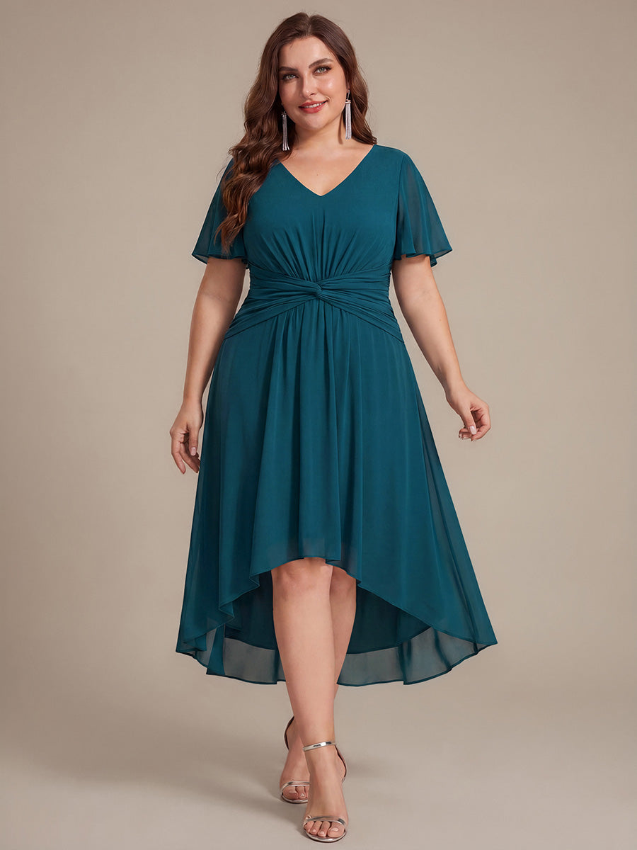 Knot Detail Chiffon Ruffle Sleeve Wedding Guest Dress #color_Teal Blue