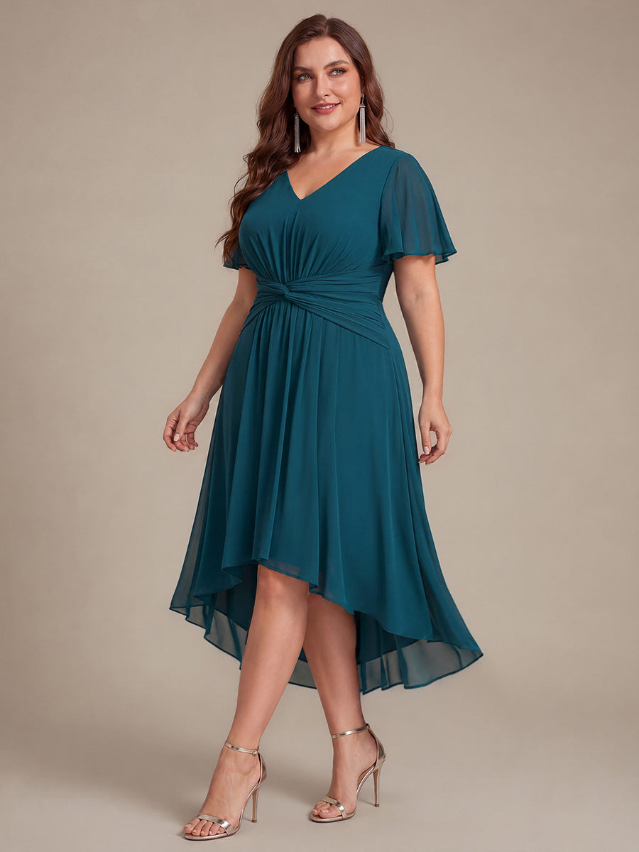 Knot Detail Chiffon Ruffle Sleeve Wedding Guest Dress #color_Teal Blue