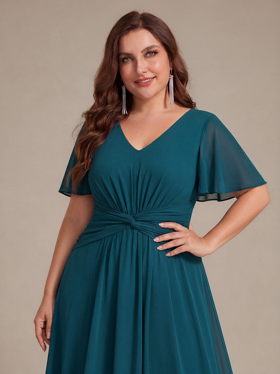 Knot Detail Chiffon Ruffle Sleeve Wedding Guest Dress #color_Teal Blue