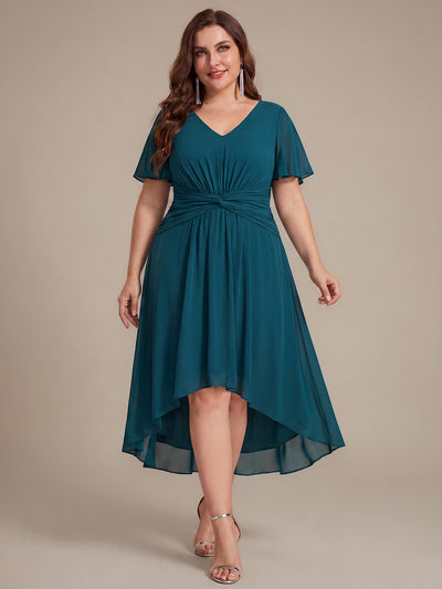 Plus Size Chiffon Ruffle Sleeve High Low Wedding Guest Dress