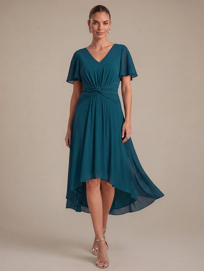 Knot Detail Chiffon Ruffle Sleeve Wedding Guest Dress