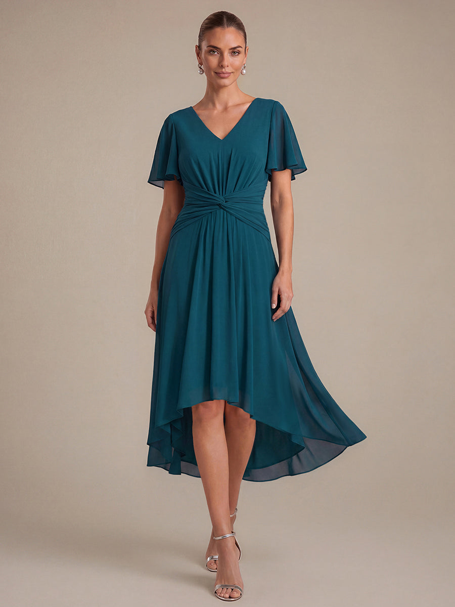 Knot Detail Chiffon Ruffle Sleeve Wedding Guest Dress #color_Teal Blue