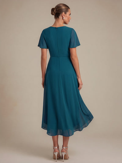 Knot Detail Chiffon Ruffle Sleeve Wedding Guest Dress #color_Teal Blue