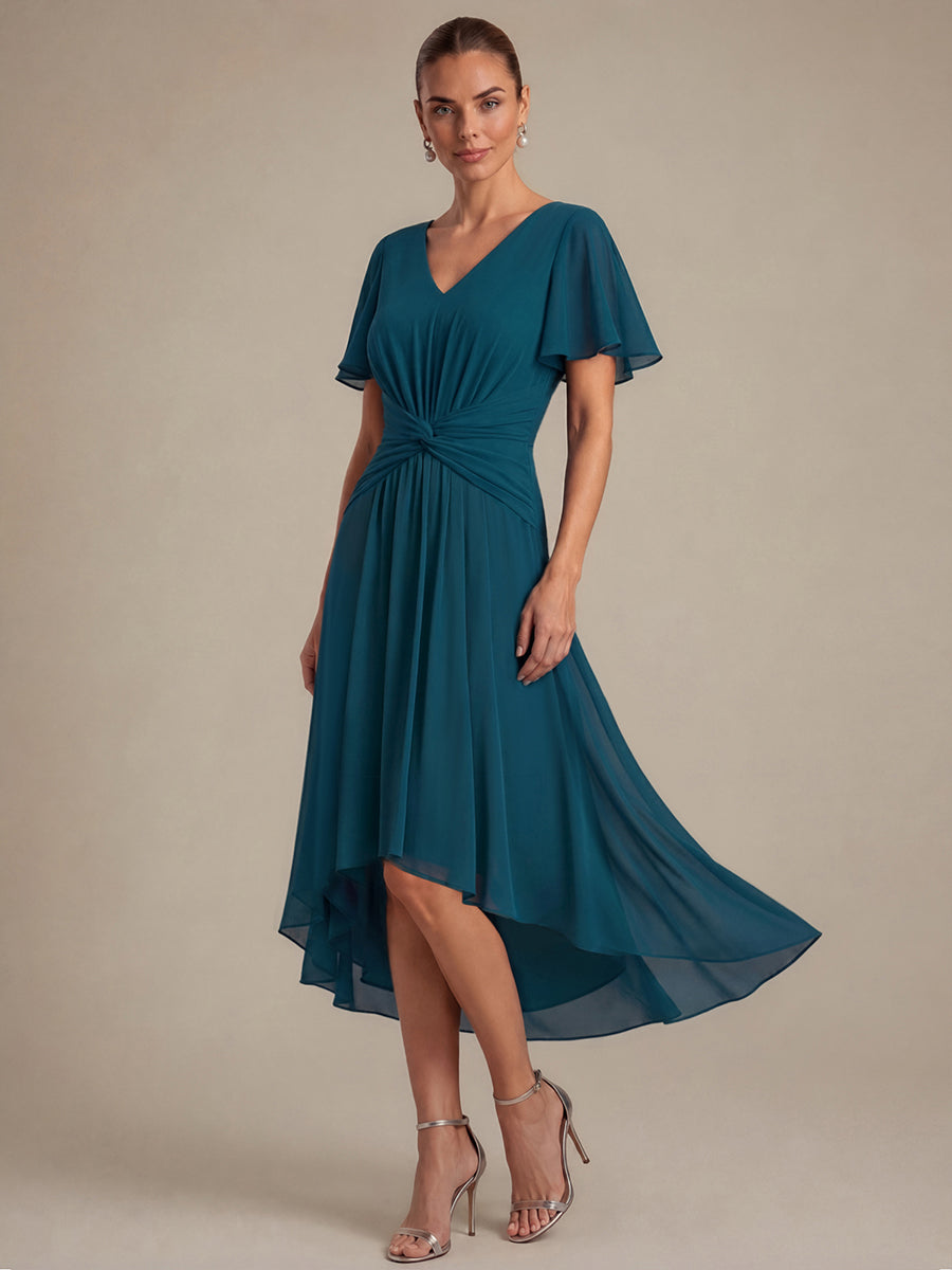 Knot Detail Chiffon Ruffle Sleeve Wedding Guest Dress #color_Teal Blue
