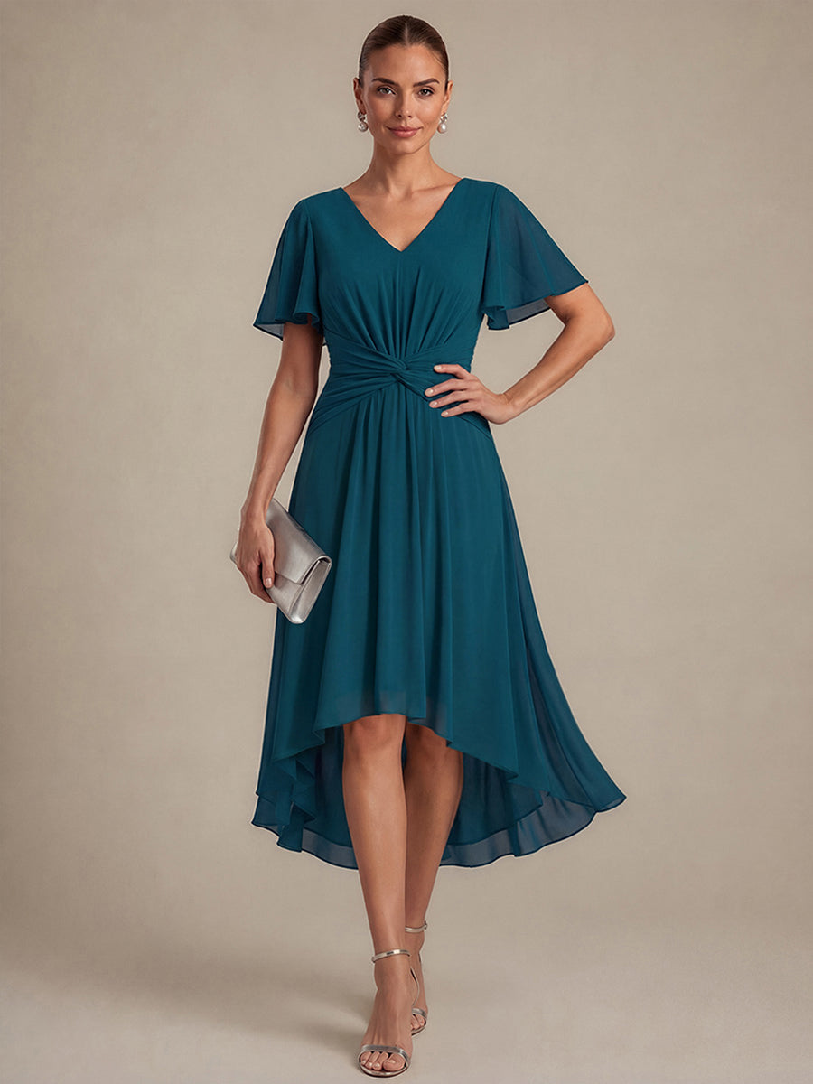 Knot Detail Chiffon Ruffle Sleeve Wedding Guest Dress #color_Teal Blue
