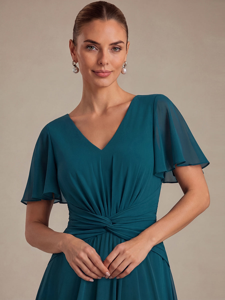 Knot Detail Chiffon Ruffle Sleeve Wedding Guest Dress #color_Teal Blue