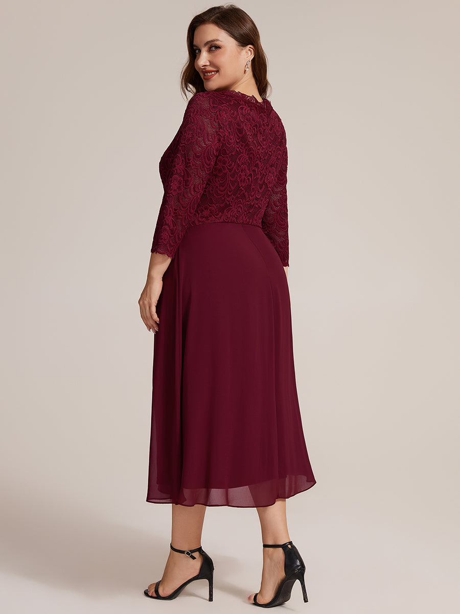 Lace Fitted Sleeve Sheath Wedding Guest Dress #color_Burgundy