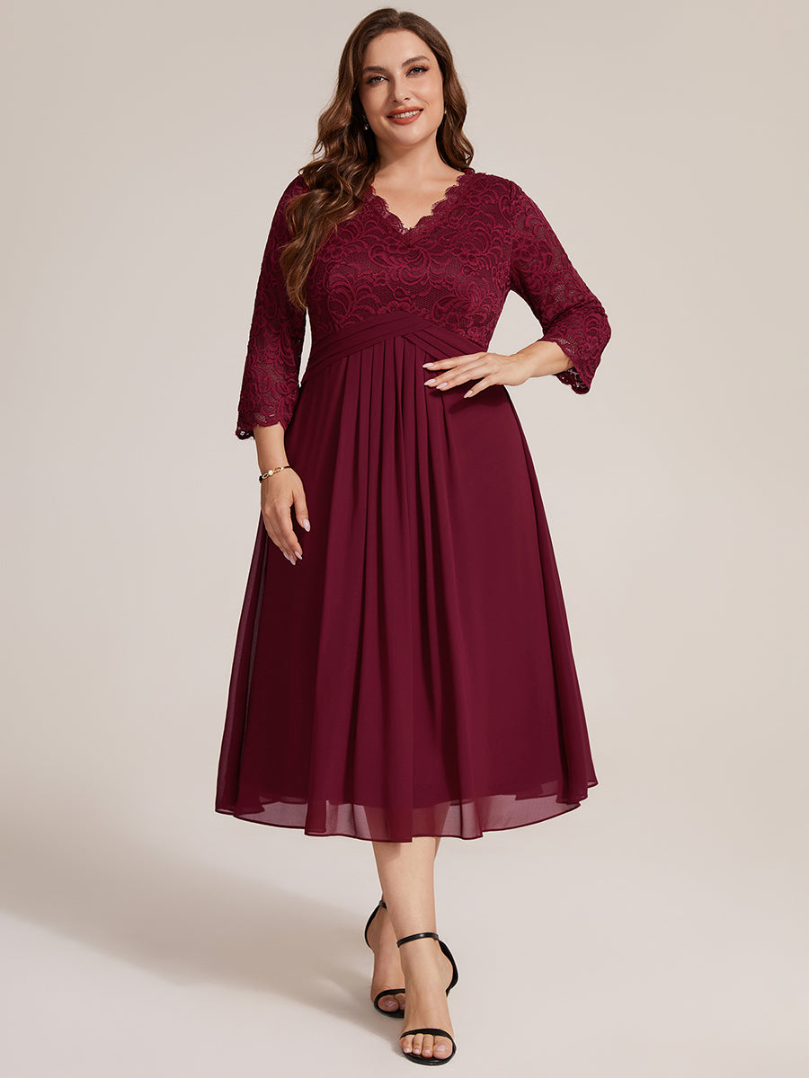 Plus Size Lace Fitted Sleeve Wedding Guest Dress #color_Burgundy
