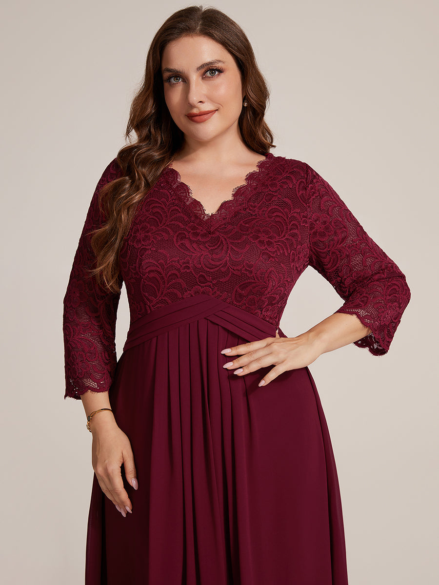 Lace Fitted Sleeve Sheath Wedding Guest Dress #color_Burgundy