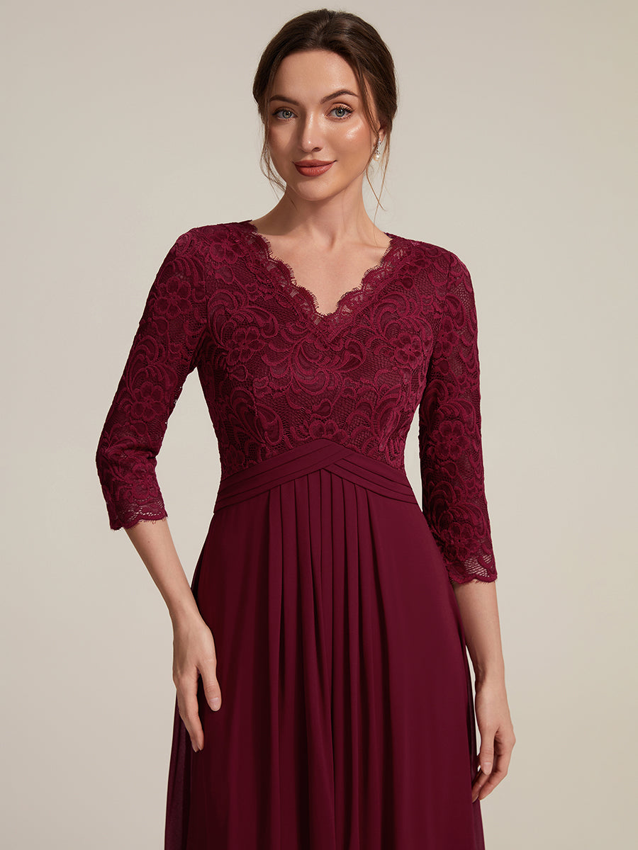 Lace Fitted Sleeve Sheath Wedding Guest Dress #color_Burgundy
