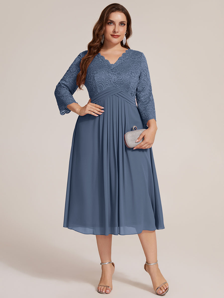 Plus Size Lace Fitted Sleeve Wedding Guest Dress #color_Dusty Blue