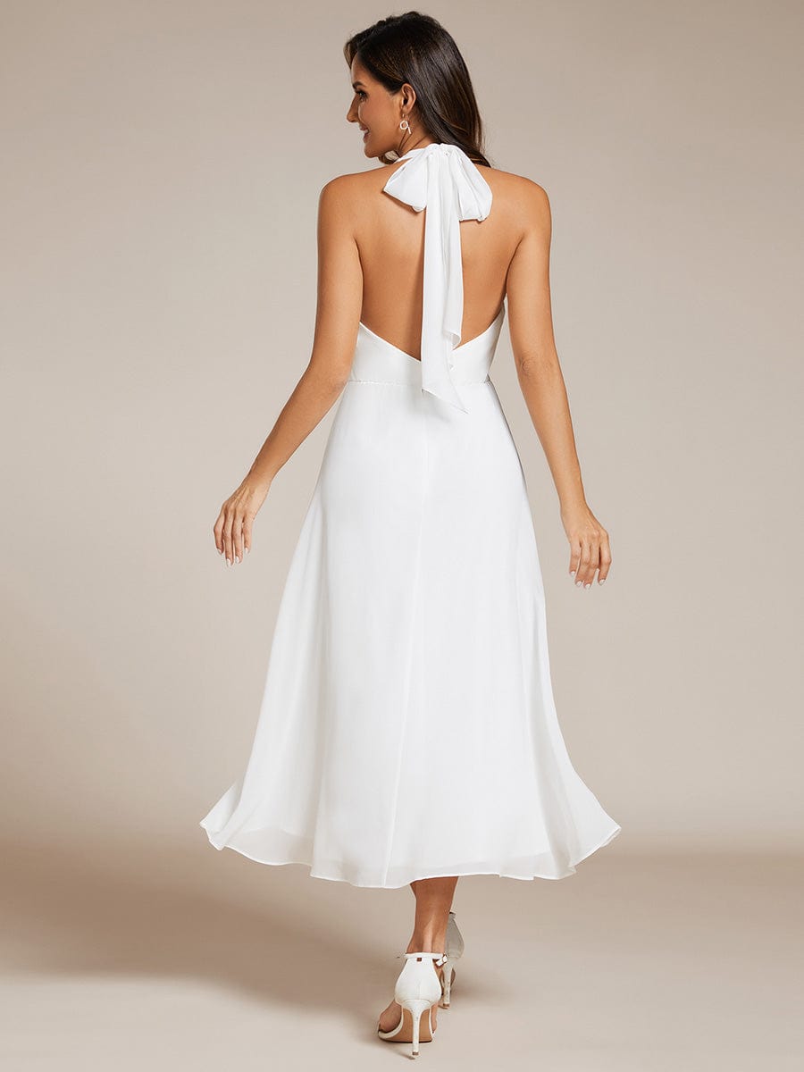 Lace-up Halterneck Backless High Low Wedding Guest Dress in Chiffon #color_White