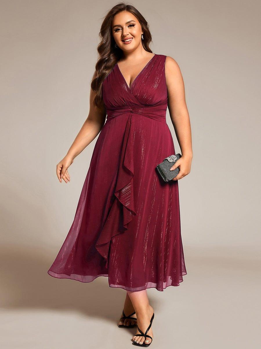 Glitter Sleeveless A-Line Midi Wedding Guest Dress with Ruffled Hem #color_Burgundy