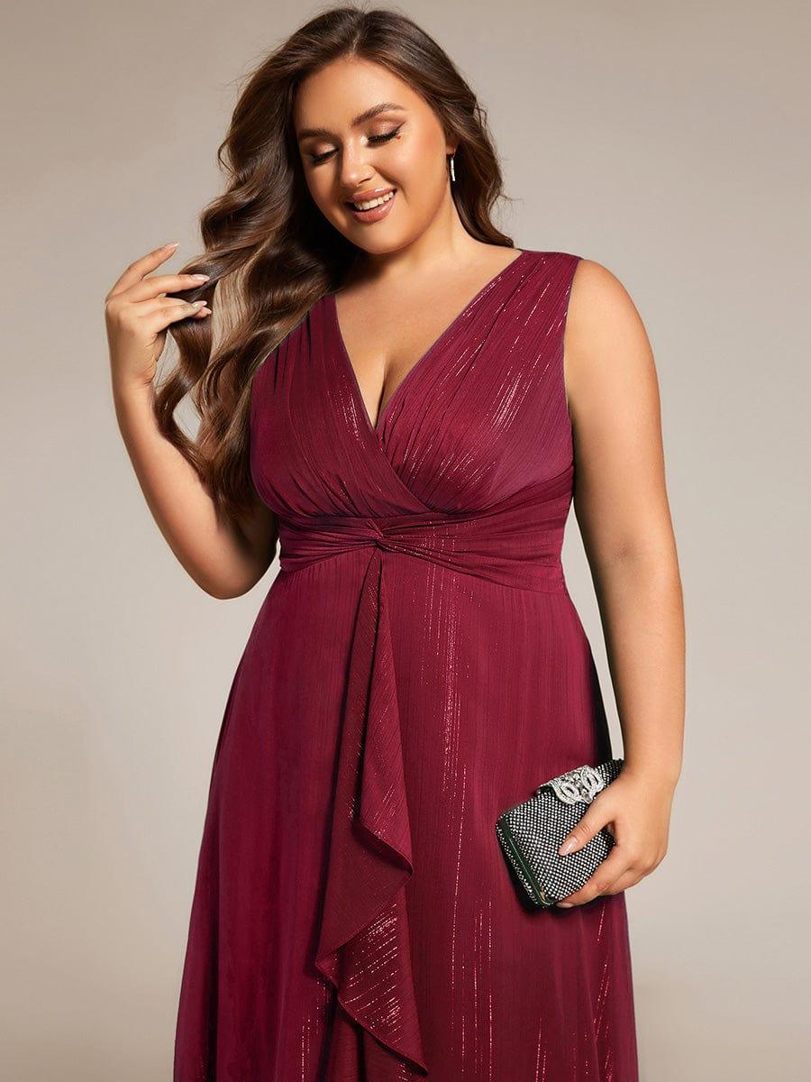 Glitter Sleeveless A-Line Midi Wedding Guest Dress with Ruffled Hem #color_Burgundy