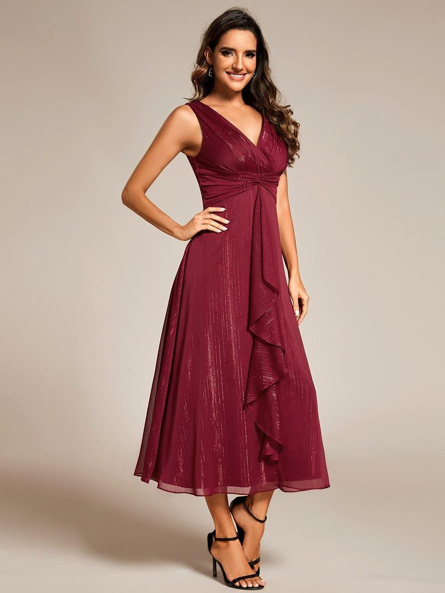 Glitter Sleeveless A-Line Midi Wedding Guest Dress with Ruffled Hem #color_Burgundy