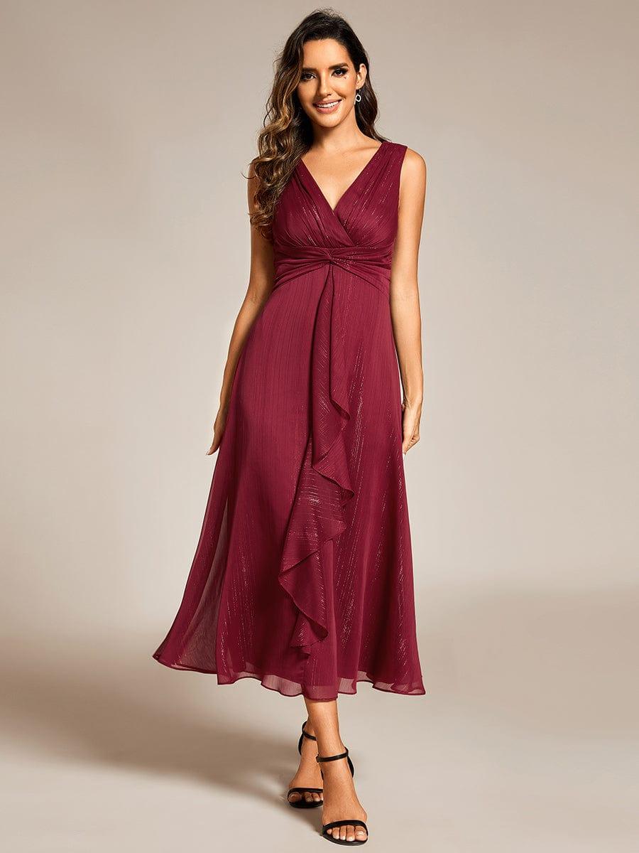 Glitter Sleeveless A-Line Midi Wedding Guest Dress with Ruffled Hem #color_Burgundy