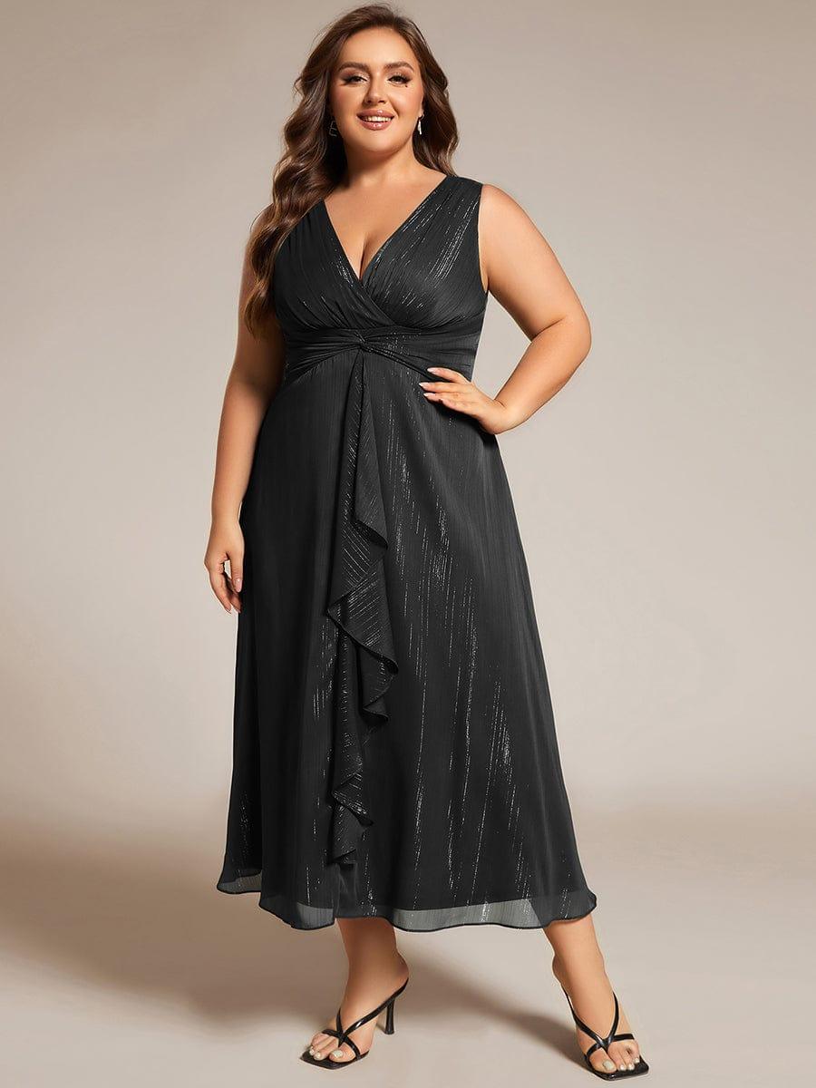 Plus Size Sleeveless Glittery Ruffled V-Neck Midi Wedding Guest Dress #color_Black