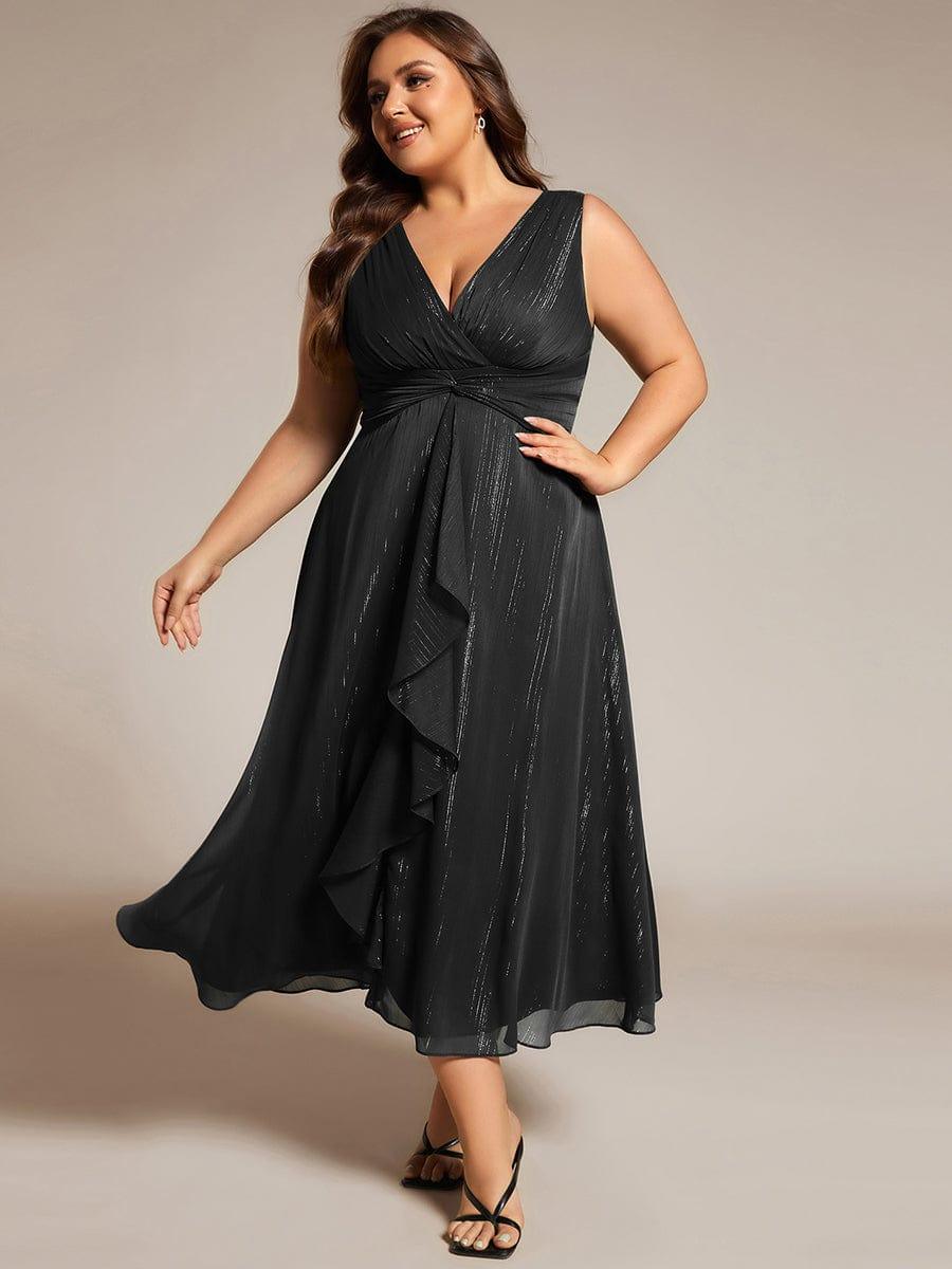 Plus Size Sleeveless Glittery Ruffled V-Neck Midi Wedding Guest Dress #color_Black