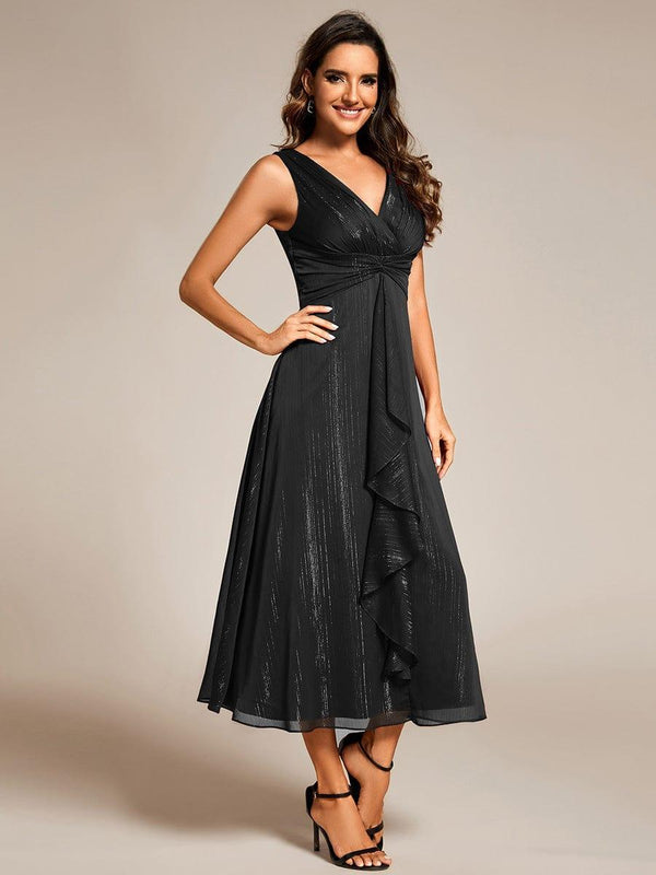 Midi Sleeveless V-Neck A-Line Wedding Guest Dress with Delicate Ruffled