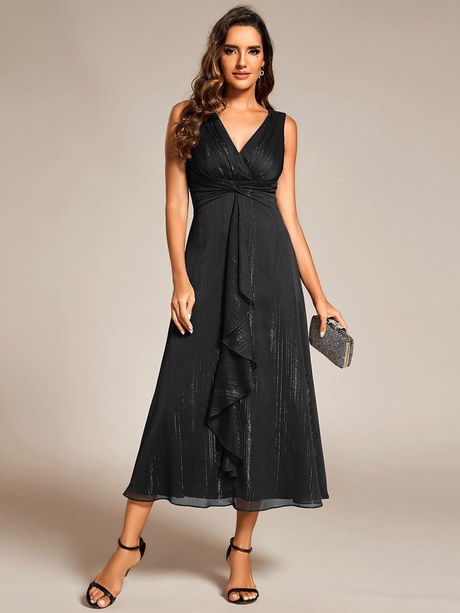 Midi Sleeveless V-Neck A-Line Wedding Guest Dress with Delicate Ruffled