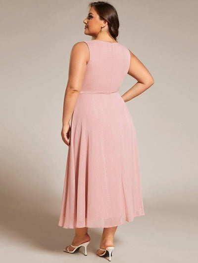 Plus Size Sleeveless Glittery Ruffled V-Neck Midi Wedding Guest Dress #color_Dusty Rose