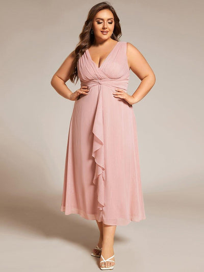 Plus Size Sleeveless Glittery Ruffled V-Neck Midi Wedding Guest Dress #color_Dusty Rose